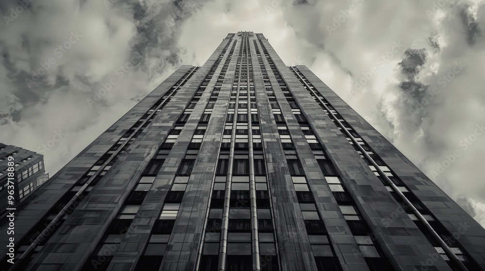Fototapeta premium Majestic Skyscraper Reaching for the Clouds in Black and White