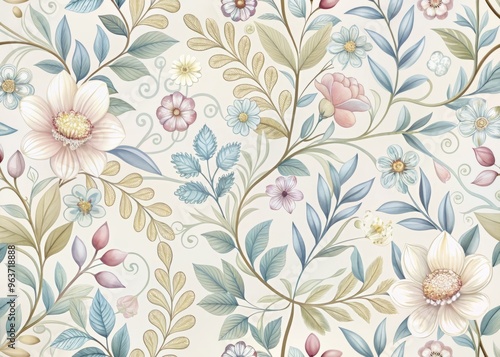 Wallpaper Mural A minimalist design of a delicate, filigree-style pattern, featuring a stylized arrangement of pastel-colored flowers, leaves, and vines in shades of pale blue Torontodigital.ca