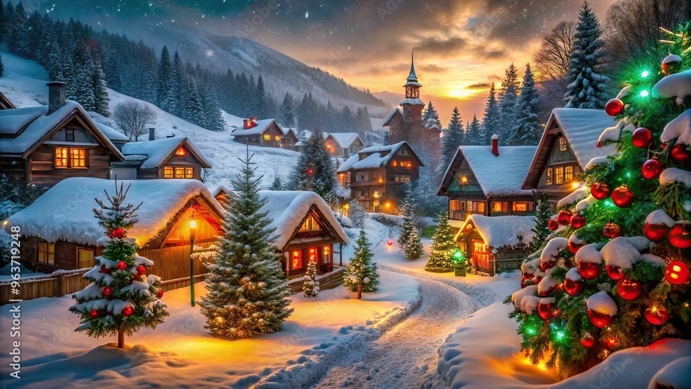 Warm golden lighting spills across a snow-covered village scene, with vibrant red and green decorations, sharp snowflakes, and misty atmosphere. Warm golden lighting spills across a snow-covered village scene, with vibrant red and green decorations, sharp snowflakes, and misty atmosphere.