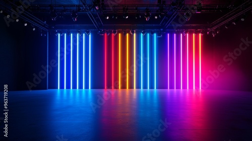 Vibrant Neon Lights on Stage Create a Captivating Atmosphere of Color and Luminosity