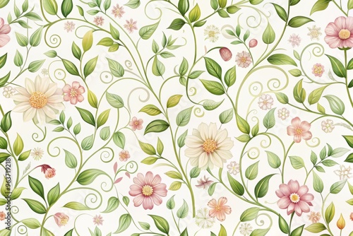 Delicate flowers and leaves on curly stems woven into a seamless repeat pattern on a soft white background