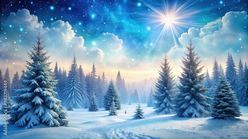 A whimsical winter wonderland landscape with snowflakes gently falling, frosty evergreen trees, and a distant misty fog, under a bright blue sky. A whimsical winter wonderland landscape with snowflakes gently falling, frosty evergreen trees, and a distant misty fog, under a bright blue sky.