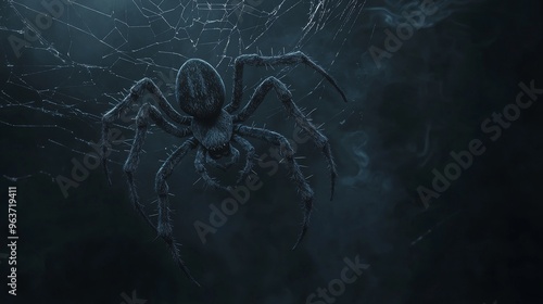 Intricate web silhouette of a freaky spider isolated on black background - Nighttime Halloween mood photo