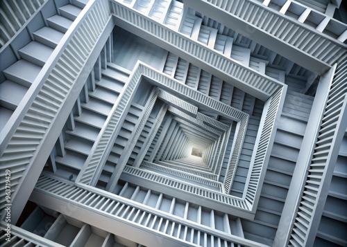 Optical illusion of staircases and corridors leading to infinite loops and spirals in a never-ending maze of white and gray geometric shapes