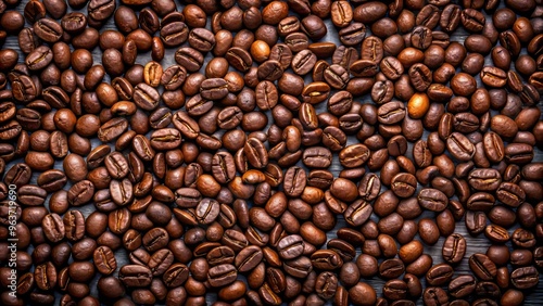 Rich, dark coffee beans, scattered and arranged in a seemingly random pattern, with subtle highlights and shadows that add depth and dimension, on a matte black background.