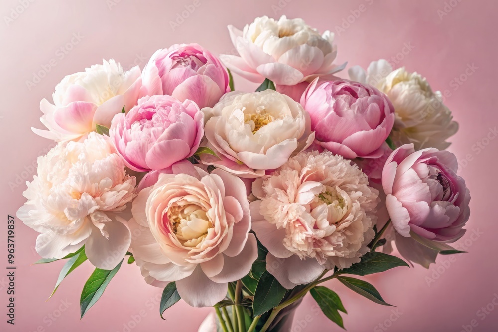 A stunning arrangement of peonies in soft, delicate petals, set against a pale pink background with subtle gradient effects that evoke feelings of peace and tranquility. A stunning arrangement of peonies in soft, delicate petals, set against a pale pink background with subtle gradient effects that evoke feelings of peace and tranquility.