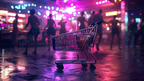 Concept for Affiliate Marketing: Shopping Cart in Neon Cityscape for Online Business