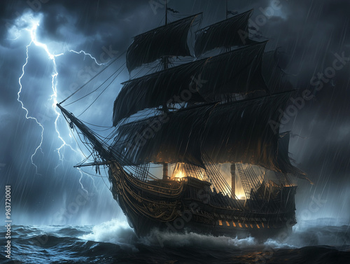 A majestic tall ship braves a fierce storm with lightning illuminating the night sky during an epic maritime adventure