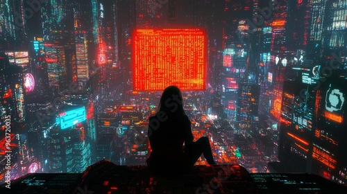 An urban futuristic setting with a female programmer coding at night with a high-tech screen