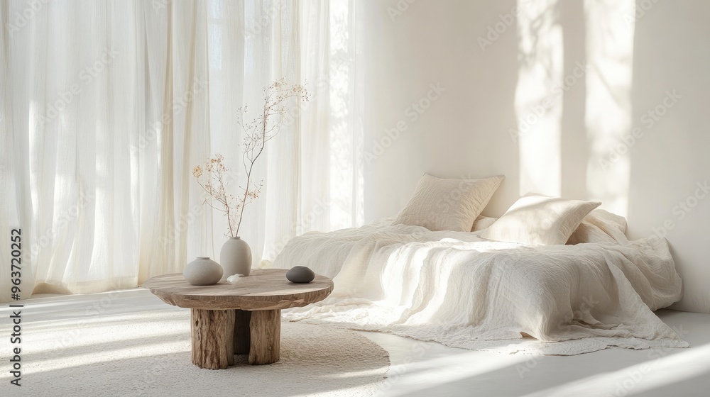 White Room with Bed, Pillows, and Table Featuring Naturalistic Materials and Minimalist Still Lifes White Room with Bed, Pillows, and Table Featuring Naturalistic Materials and Minimalist Still Lifes