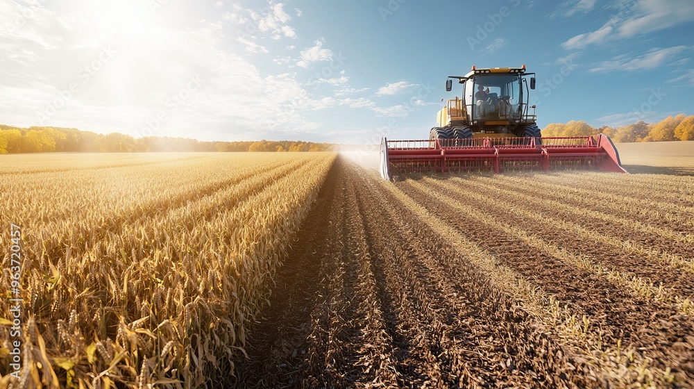 Fototapeta premium industrial combine harvester working in a vast autumn field
