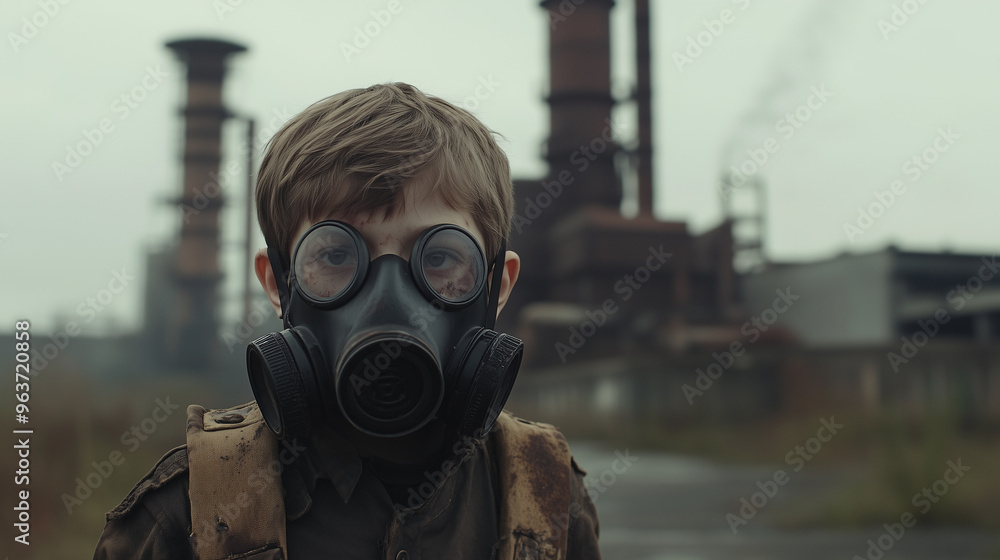 Eerie Factory Scene with a Boy in a Gas Mask: Dark Atmosphere Photography Eerie Factory Scene with a Boy in a Gas Mask: Dark Atmosphere Photography