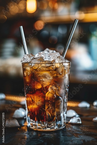 A clear glass filled with ice sitting on a flat surface