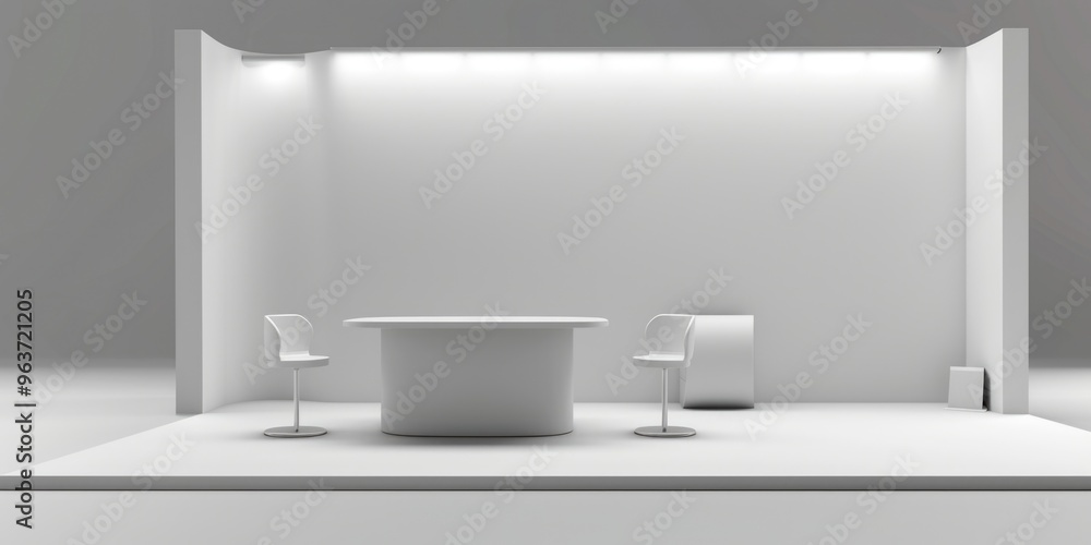 A simple interior setting with a white table and two chairs A simple interior setting with a white table and two chairs