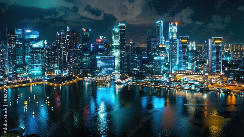 Stunning Nighttime Cityscape of a Modern Urban Skyline with Reflective Waters Stunning Nighttime Cityscape of a Modern Urban Skyline with Reflective Waters