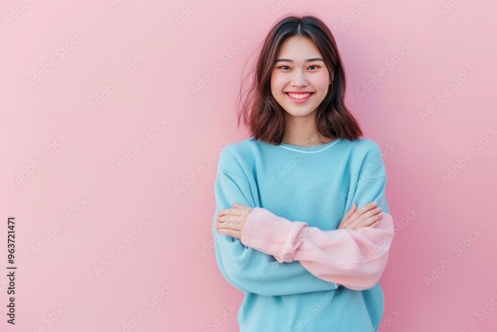 A woman stands confidently with her arms crossed, surrounded by a bright pink background A woman stands confidently with her arms crossed, surrounded by a bright pink background