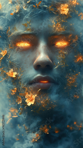 A woman's face is covered in flowers and smoke