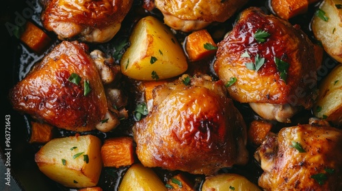 Oven-Roasted Chicken Thighs with Vegetables in Cast Iron Skillet photo