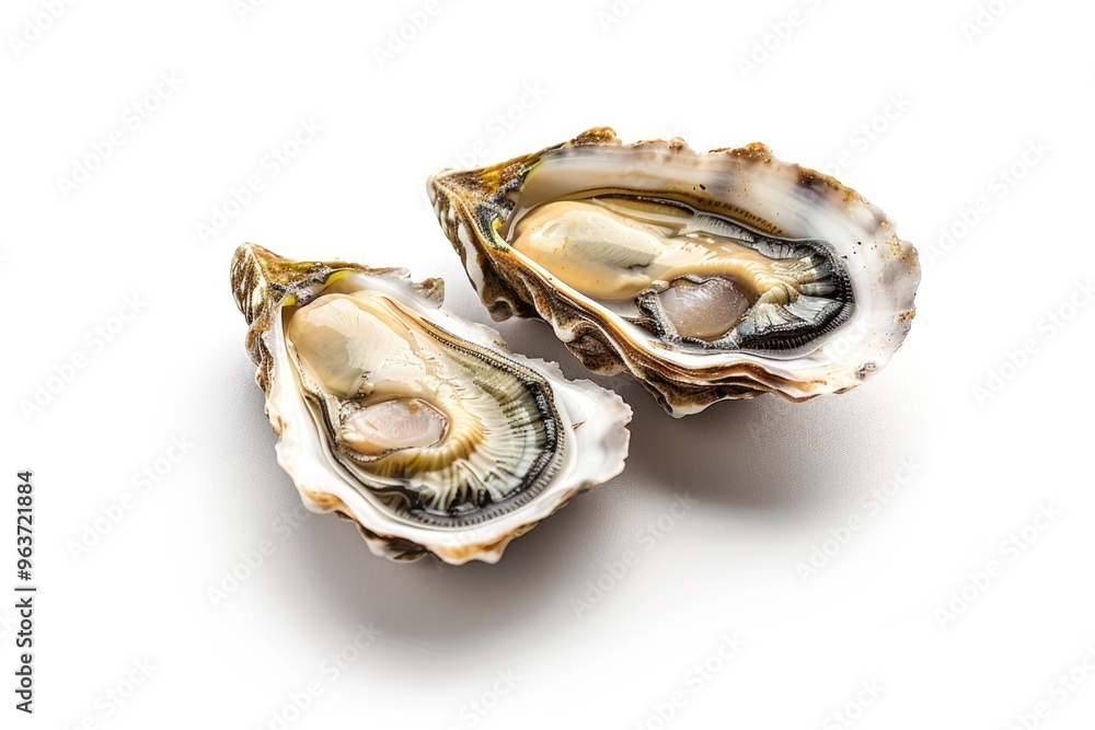 Freshly opened oysters on a white surface, perfect for seafood displays or culinary concepts Freshly opened oysters on a white surface, perfect for seafood displays or culinary concepts