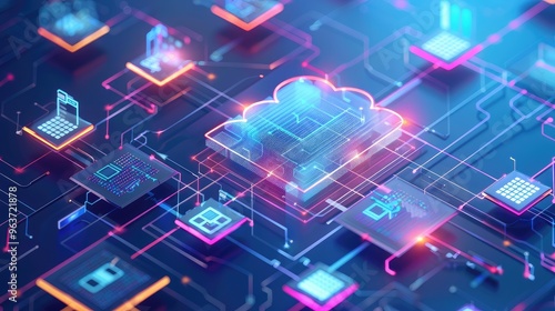 Abstract Digital Cloud Network with Neon Circuitry and Devices