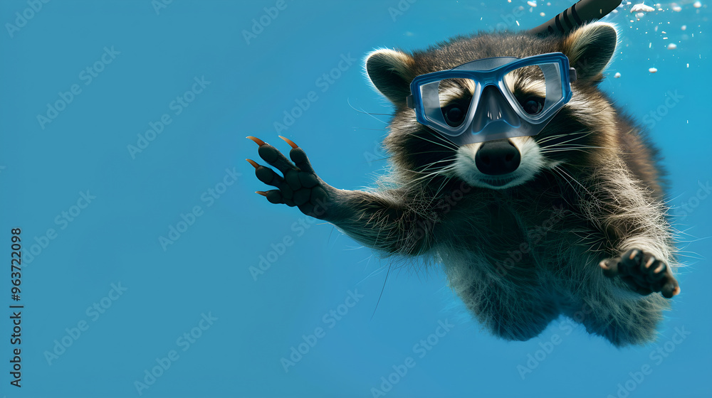A cute raccoon in snorkel gear and flippers gracefully swims through calm waters happily. A cute raccoon in snorkel gear and flippers gracefully swims through calm waters happily.