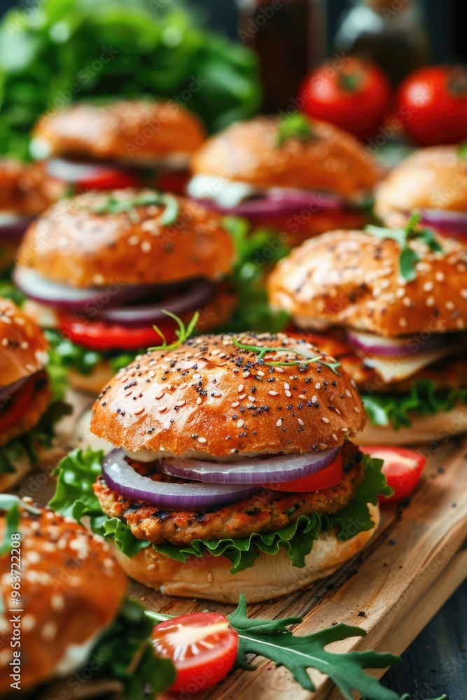 A wooden cutting board with many hamburgers placed on top A wooden cutting board with many hamburgers placed on top