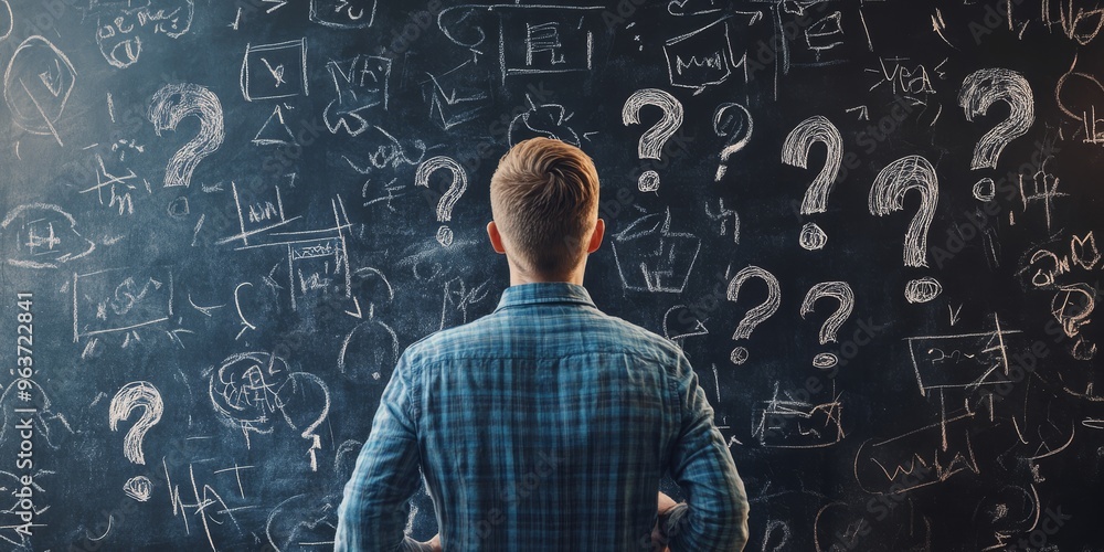 A man thoughtfully stands before a chalkboard filled with question marks and scribbles, contemplating his business plan and various strategies for achieving success in his entrepreneurial journey A man thoughtfully stands before a chalkboard filled with question marks and scribbles, contemplating his business plan and various strategies for achieving success in his entrepreneurial journey