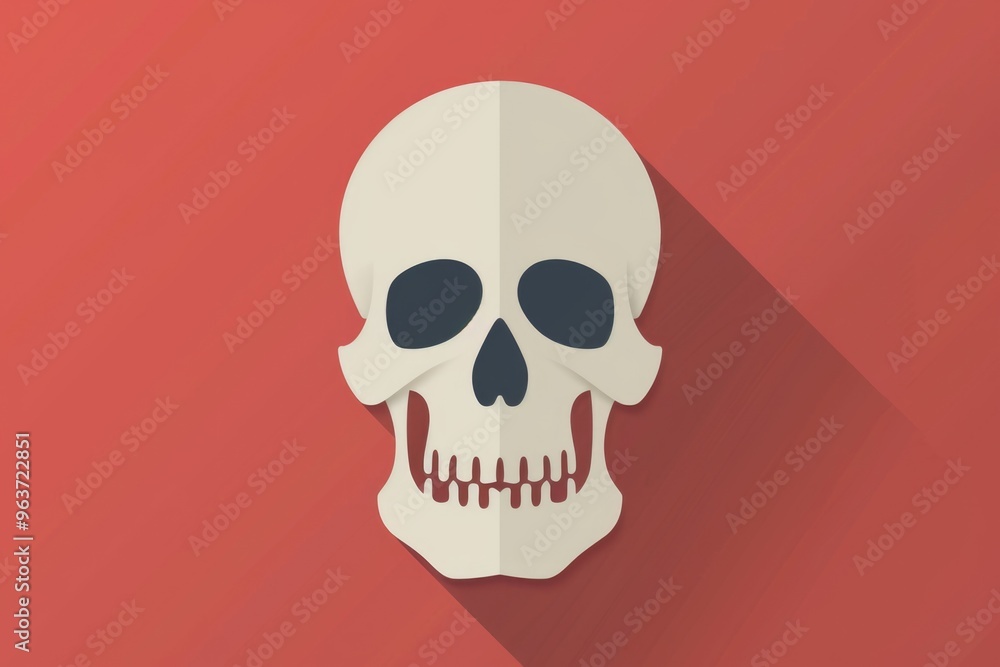 A white skull with a long shadow on a red background A white skull with a long shadow on a red background