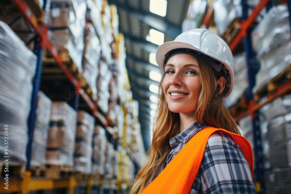 A worker wearing a hard hat and safety vest stands in a warehouse, ready for her task A worker wearing a hard hat and safety vest stands in a warehouse, ready for her task