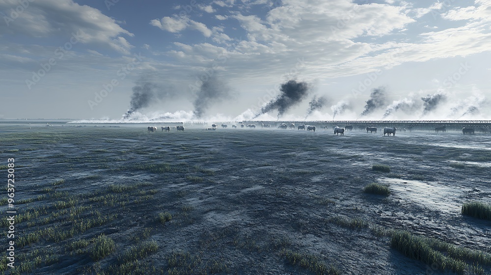 Expansive view of large-scale animal farming contributing to methane emissions, reflecting the role of agriculture in global warming. Expansive view of large-scale animal farming contributing to methane emissions, reflecting the role of agriculture in global warming.