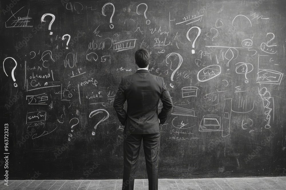 A man stands before a chalkboard filled with question marks and ideas, representing the challenges of creating a business plan amid uncertainty, highlighting the complexities of entrepreneurship A man stands before a chalkboard filled with question marks and ideas, representing the challenges of creating a business plan amid uncertainty, highlighting the complexities of entrepreneurship