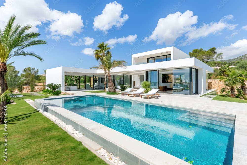 Fototapeta premium A modern home with a swimming pool in the front yard, perfect for outdoor gatherings or family fun