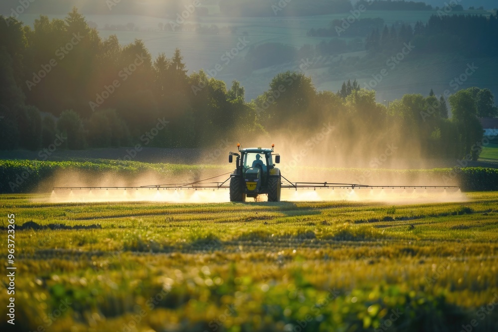 Fototapeta premium Agricultural machinery spraying crop in open field