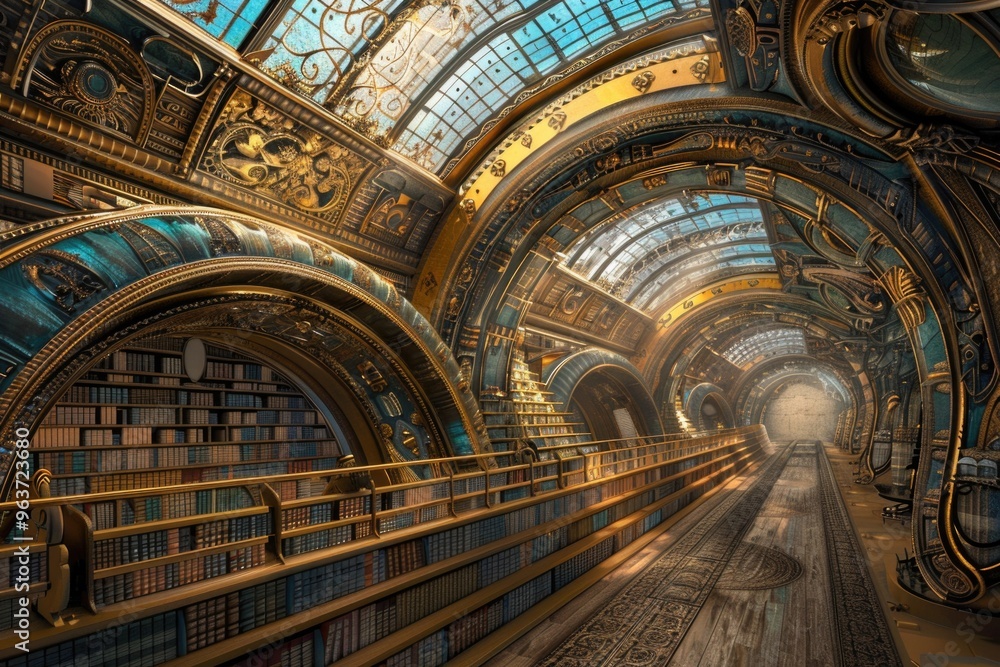 Obraz premium A train travels through a station surrounded by many books, suitable for educational or literary-themed projects
