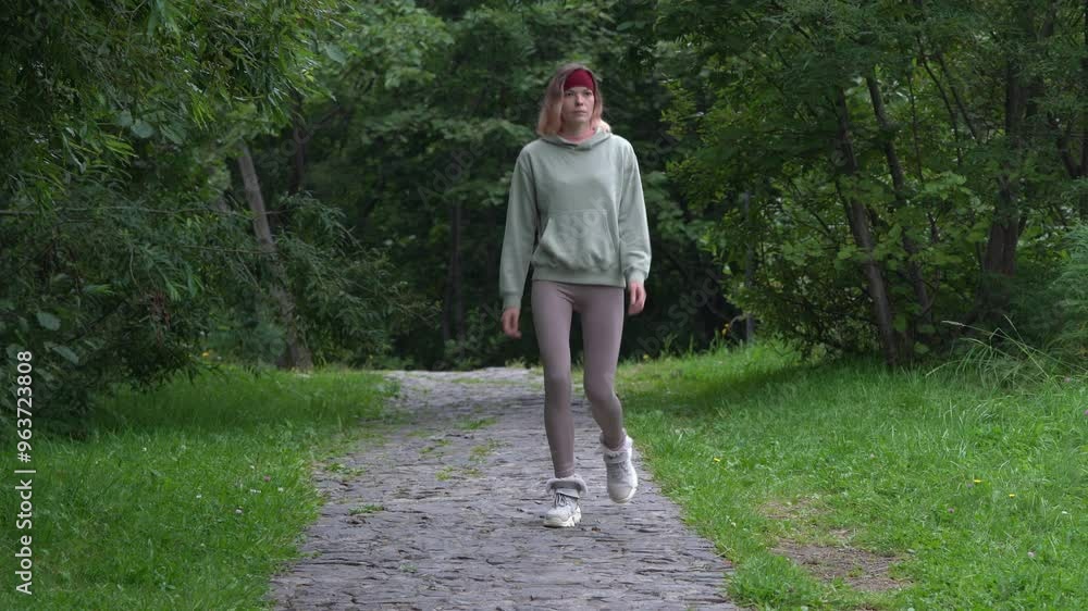 Athletic woman dressed in sportswear - tracksuit jacket, leggings and sneakers walking along footpath in park during summer sports training. Full length view, handheld shot, real time video, zoom out Athletic woman dressed in sportswear - tracksuit jacket, leggings and sneakers walking along footpath in park during summer sports training. Full length view, handheld shot, real time video, zoom out