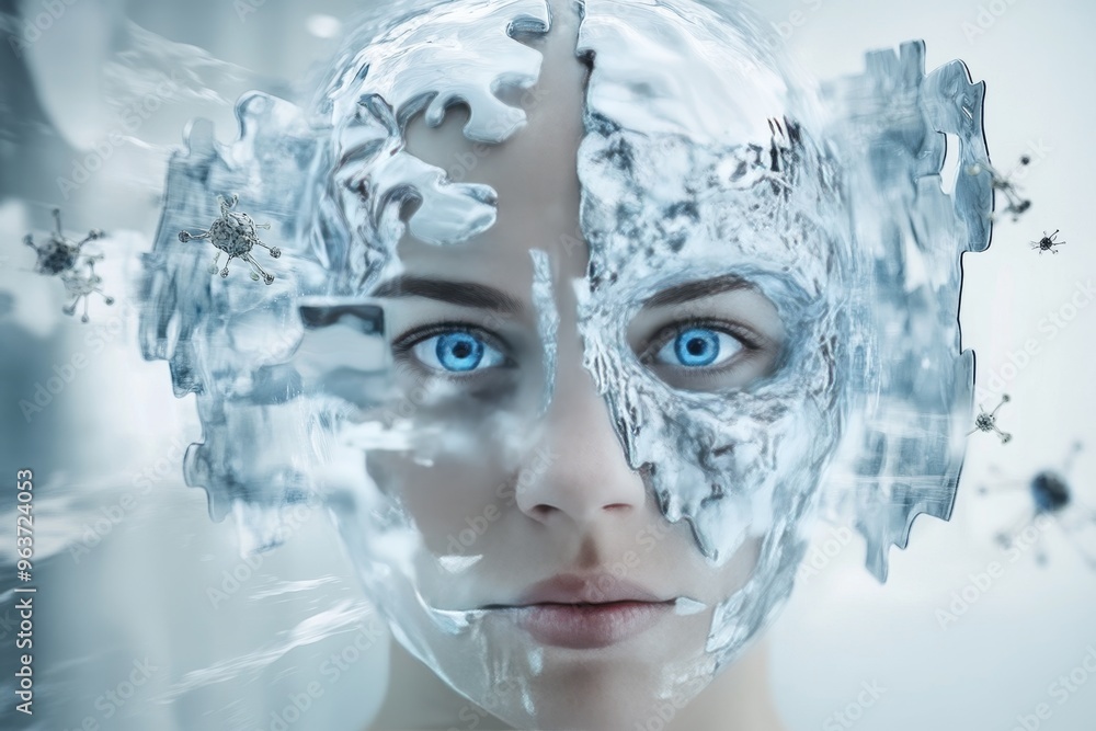Brain dynamism Mind Surreal depiction of a woman with fragmented face symbolizing emotional complexity thought expansion and intellectual diversity Brain dynamism Mind Surreal depiction of a woman with fragmented face symbolizing emotional complexity thought expansion and intellectual diversity