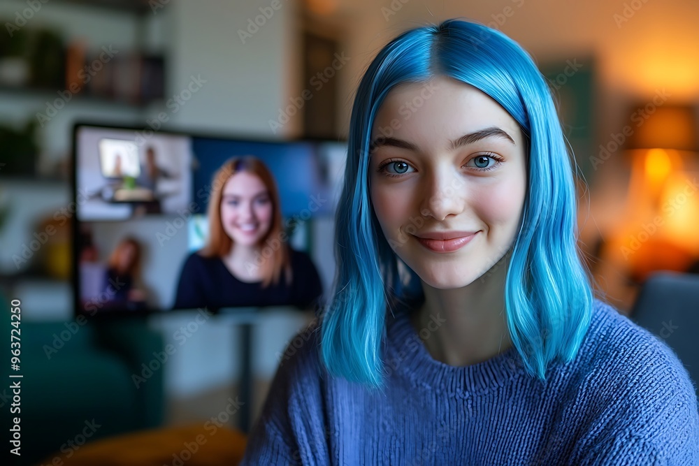 Blue-haired woman engages in a dynamic remote team meeting from her home. Blue-haired woman engages in a dynamic remote team meeting from her home.