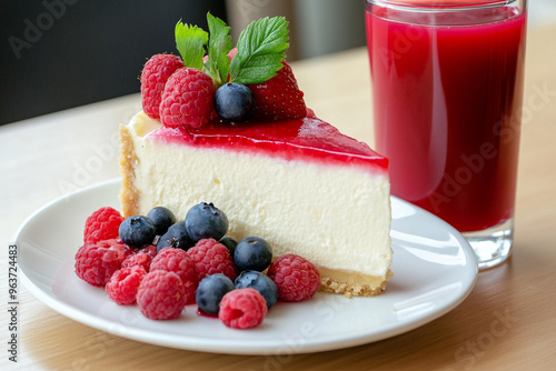 slice of cheesecake with strawberries, raspberries, and blueberries