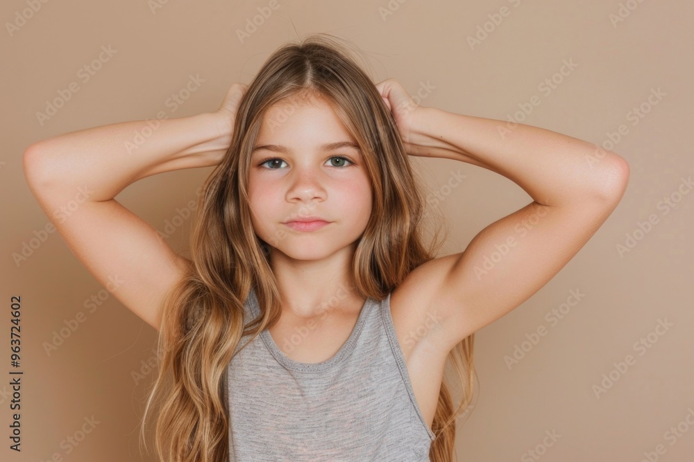 Fototapeta premium A young girl hiding behind her long hair, possibly shy or embarrassed