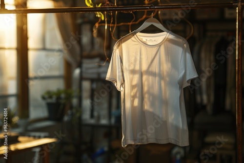 A white t-shirt hangs on a clothes rack, waiting to be worn