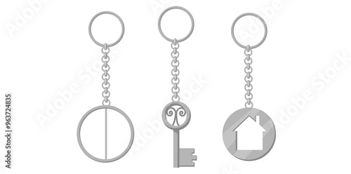 Collection Of Realistic Key Rings With Chain Vector Illustration.	