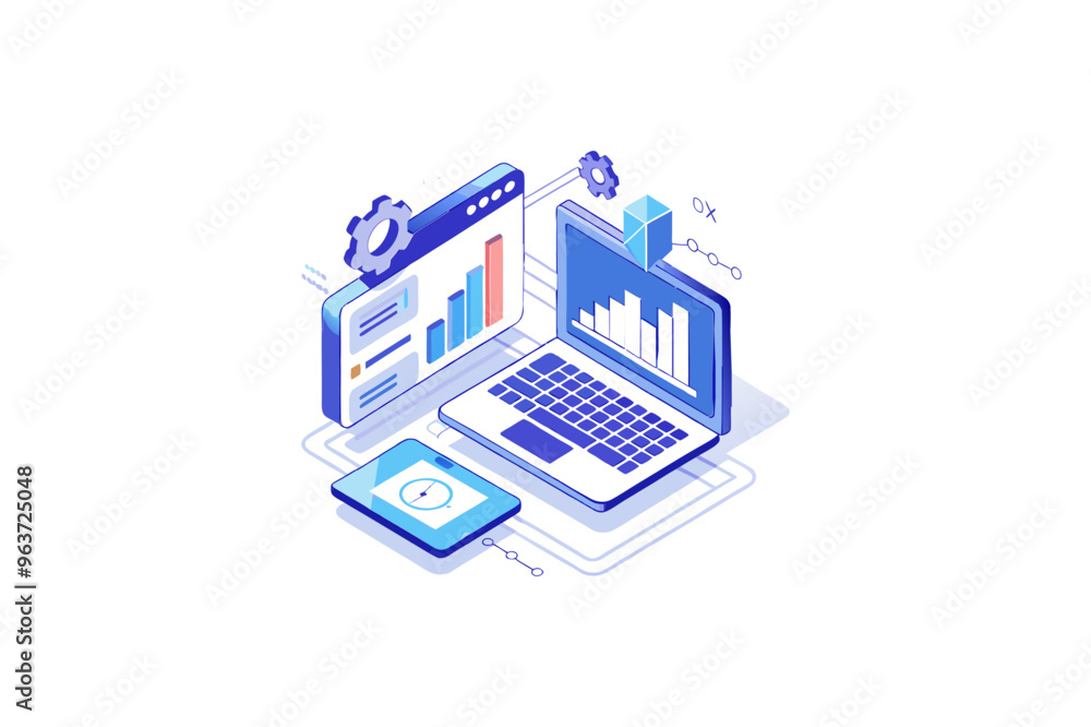 isometric illustration of dual laptops with coding, data analytics, and AI symbols in a modern style isometric illustration of dual laptops with coding, data analytics, and AI symbols in a modern style