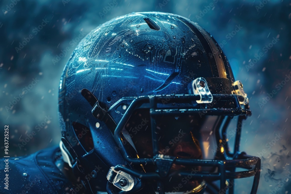 Fototapeta premium A football player wearing a helmet and getting wet in the rain