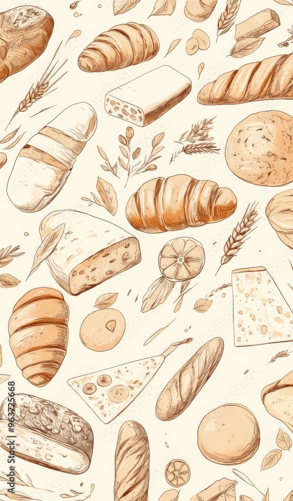 Set of Breads, Pastries, and Buns in Earthy Tones on White Background Set of Breads, Pastries, and Buns in Earthy Tones on White Background
