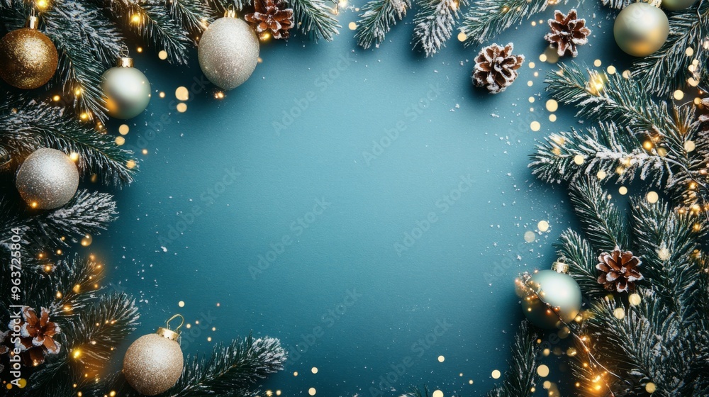 Festive Winter Background with Ornaments and Pine Festive Winter Background with Ornaments and Pine