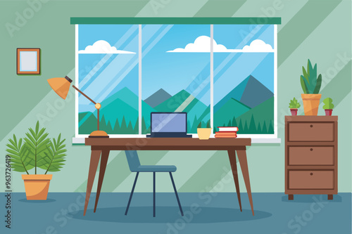 Home Office Desk with Mountain View, Laptop, Books, Lamp, and Plants