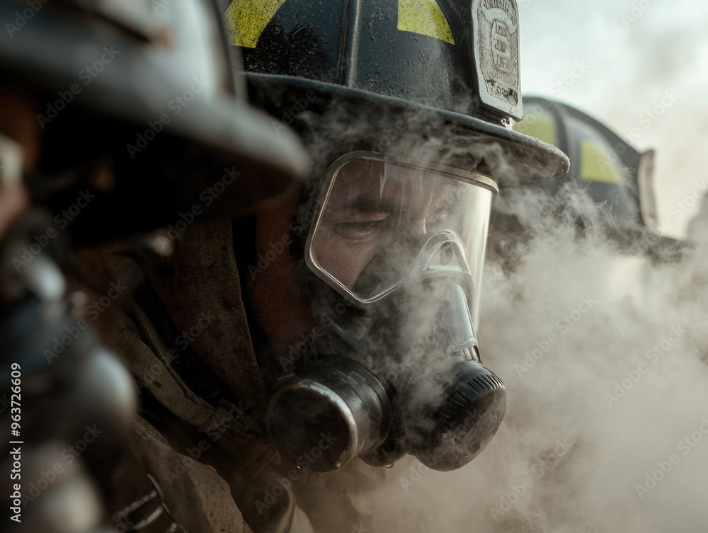 Fototapeta premium Heroic firefighter: brave fireman demonstrating courage, determination in face of danger, embodying strength, dedication required to protect lives, property during critical emergency situations.