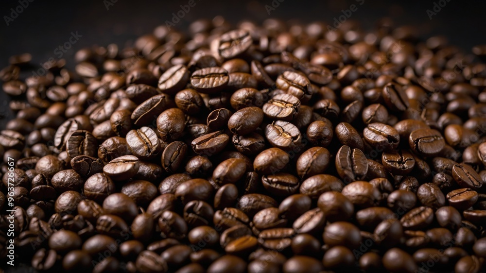 Fototapeta premium A detailed close-up of dark roasted coffee beans piled together, showcasing their rich texture and glossy surface in warm lighting. 