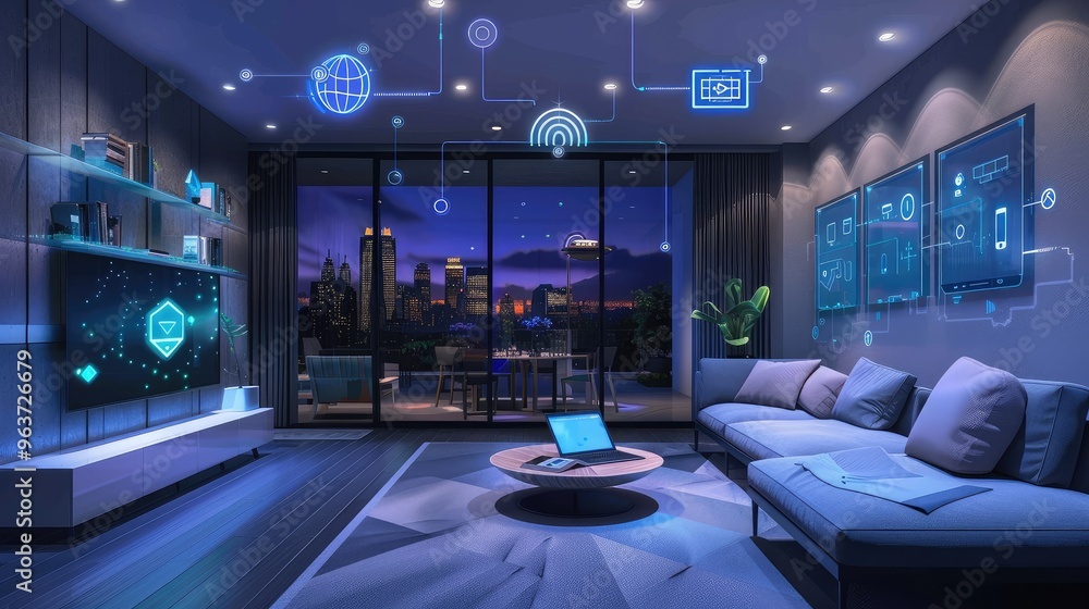 Futuristic Smart Living Room with City Skyline View Futuristic Smart Living Room with City Skyline View