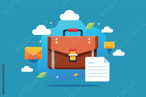 A colorful illustration of a briefcase surrounded by letters and clouds, emphasizing communication and organization in a creative digital environment